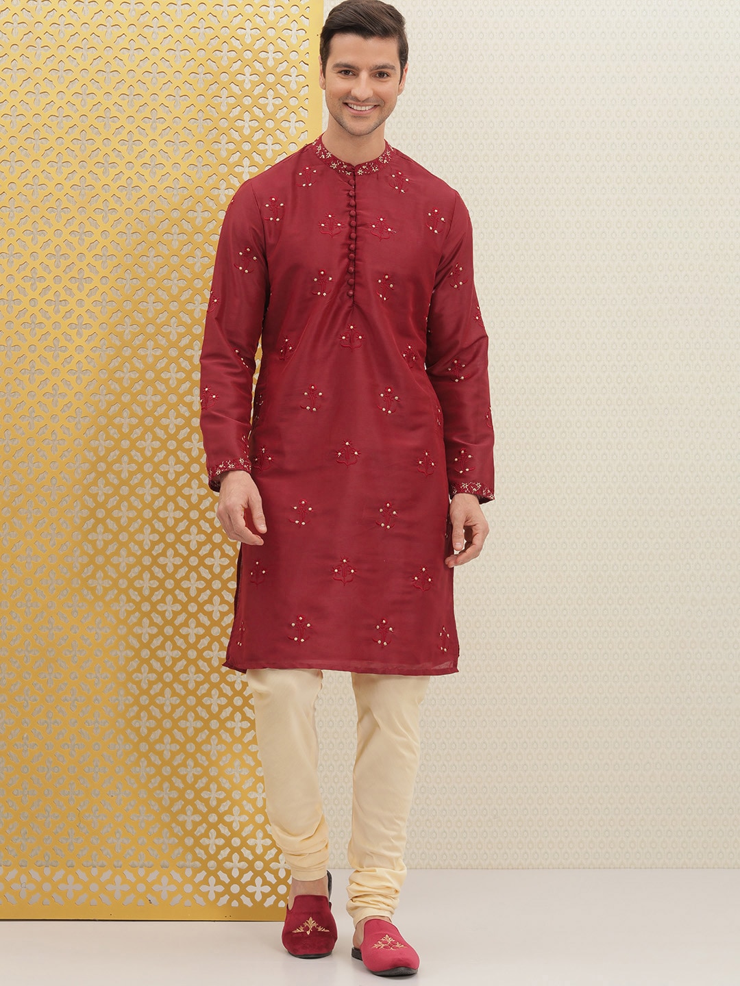 House of Pataudi Men Red Embroidered Jashn Straight Kurta | Grocsy