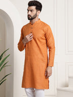 Sojanya Men Orange Dobby Self-Checked Straight Kurta | Grocsy