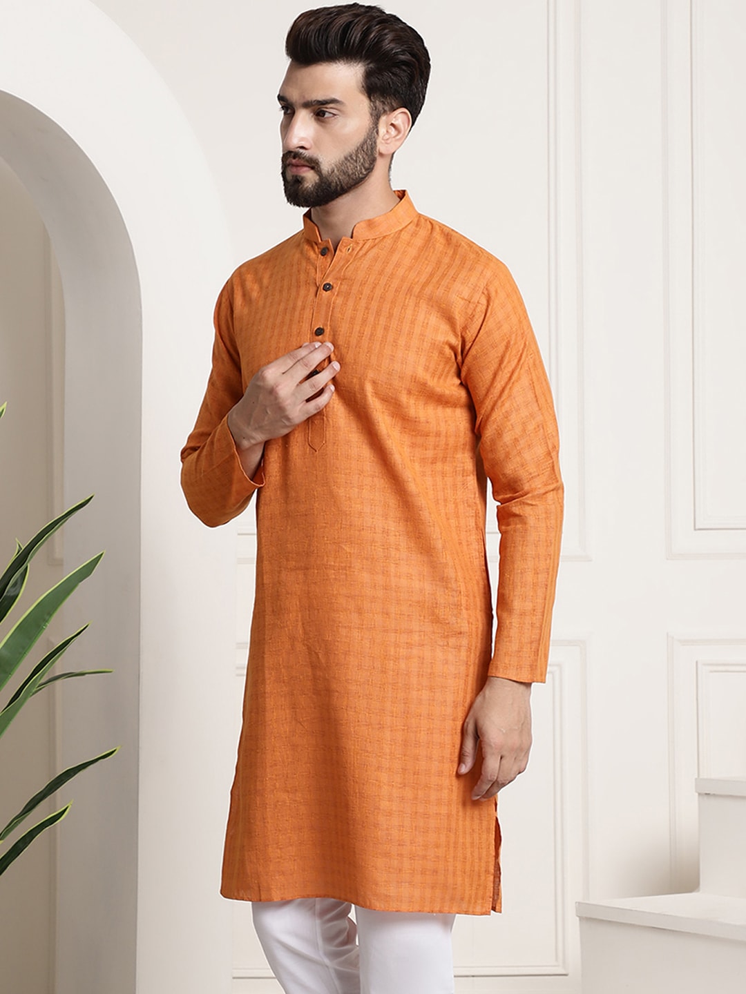 Sojanya Men Orange Dobby Self-Checked Straight Kurta | Grocsy