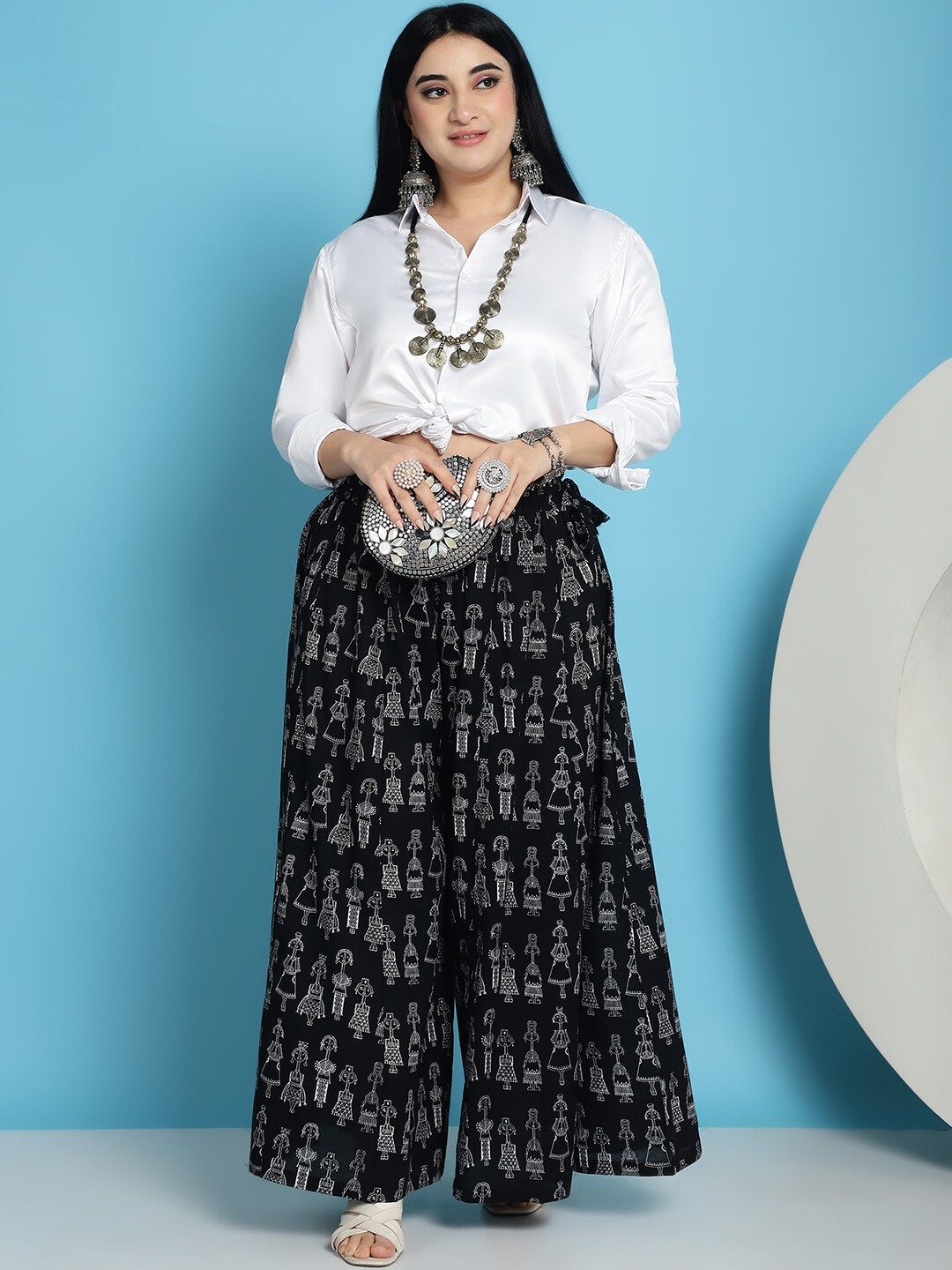 TAG 7 Ethnic Motifs Printed Pure Cotton Flared Ethnic Palazzo | Grocsy