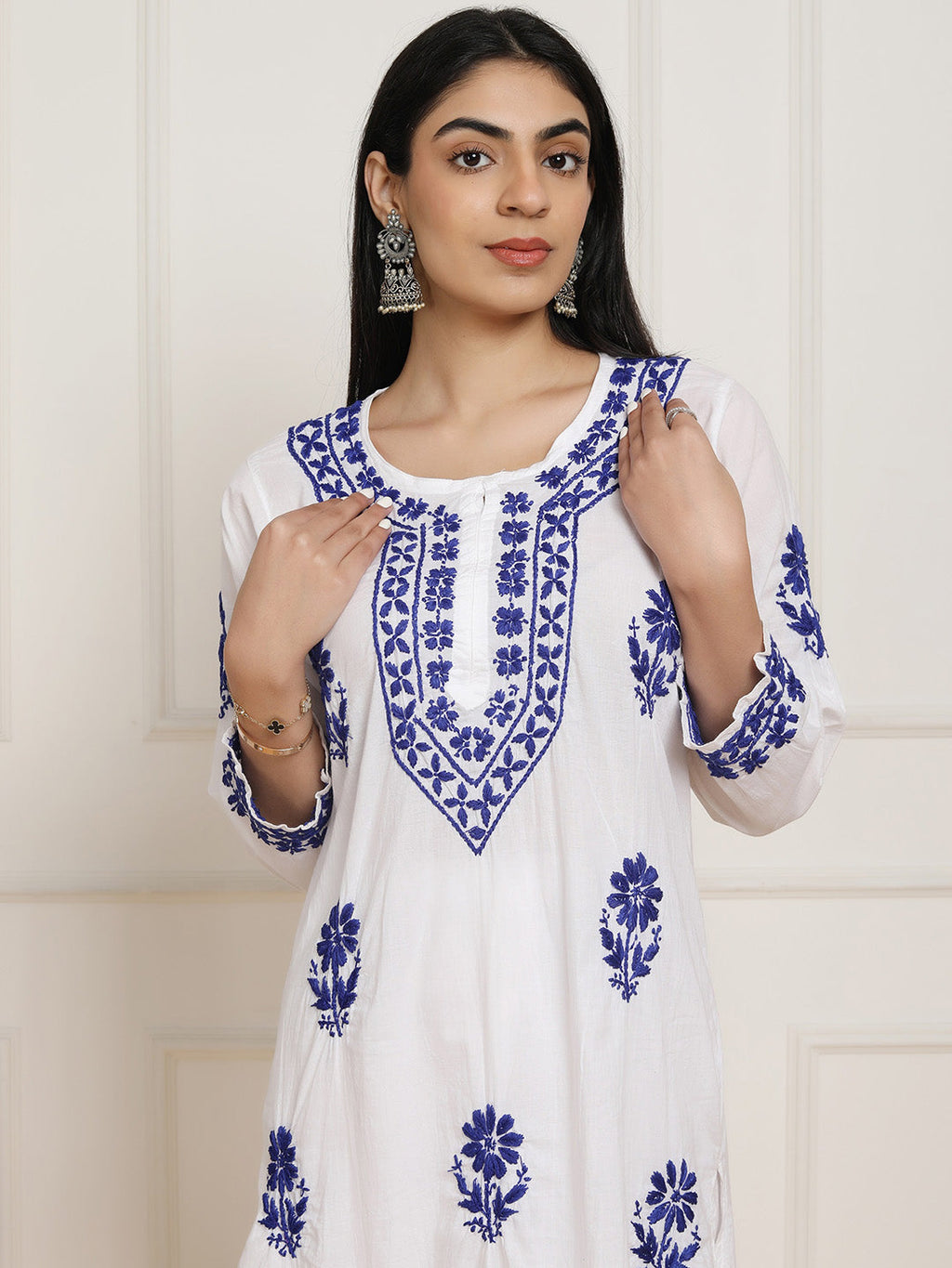 HOUSE OF KARI Women Ethnic Motifs Embroidered Regular Chikankari Pure Cotton Kurta with Trousers | Grocsy