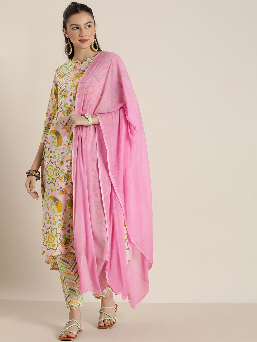 Sangria Women Pink & Yellow Ethnic Motifs Printed Cotton Kurta with Trousers & Dupatta | Grocsy