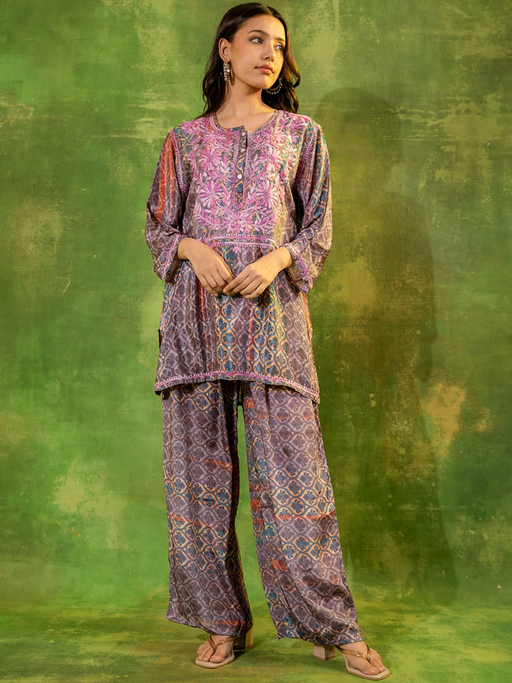 HOUSE OF KARI Floral Embroidered Regular Chikankari Straight Kurta with Palazzos | Grocsy