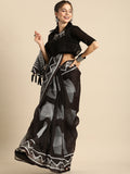 Sangria Black Printed Pure Linen Saree | Grocsy