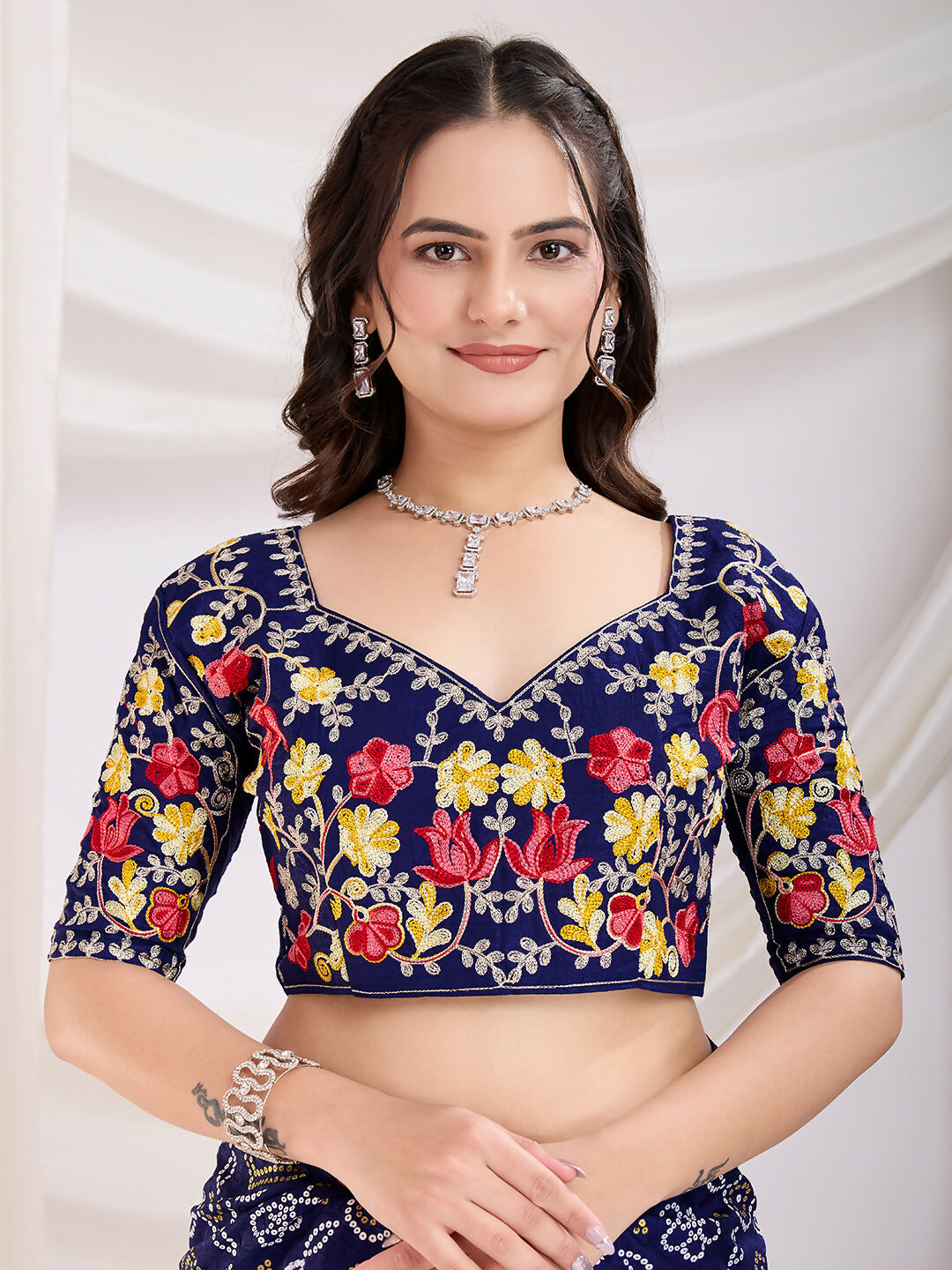 Blue Vichitra Silk Bandhani Printed, Embroidery Work Saree - Ditya | Grocsy