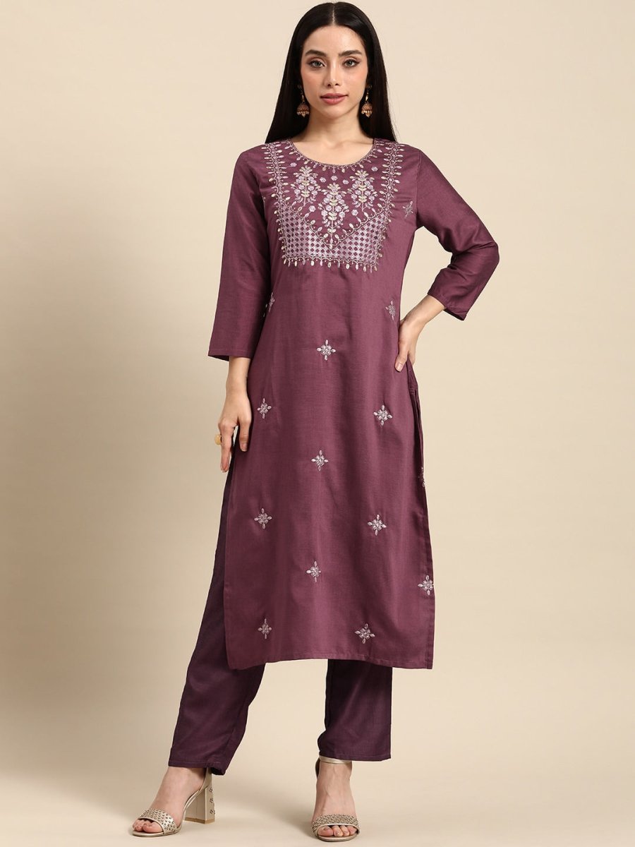 All About You Women Ethnic Motifs Embroidered Kurta With Trousers | Grocsy