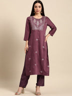 All About You Women Ethnic Motifs Embroidered Kurta With Trousers | Grocsy