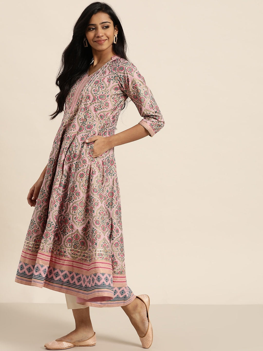 Sangria Women Pink & Green Ethnic Print Anarkali Kurta | Grocsy