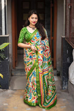 Green Cotton Crepe Batik Print Saree with Unstitched Blouse - Hiral Fashion | Grocsy