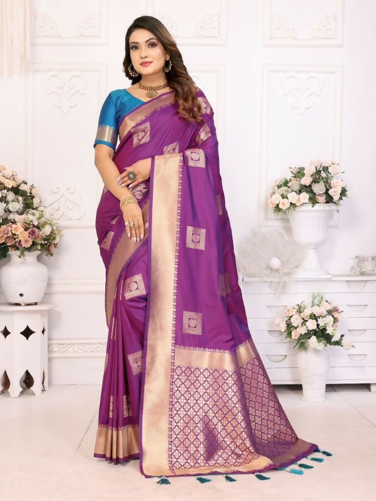Anaita Purple Soft Silk With Zari Weaving Borders Saree With Blouse | Grocsy
