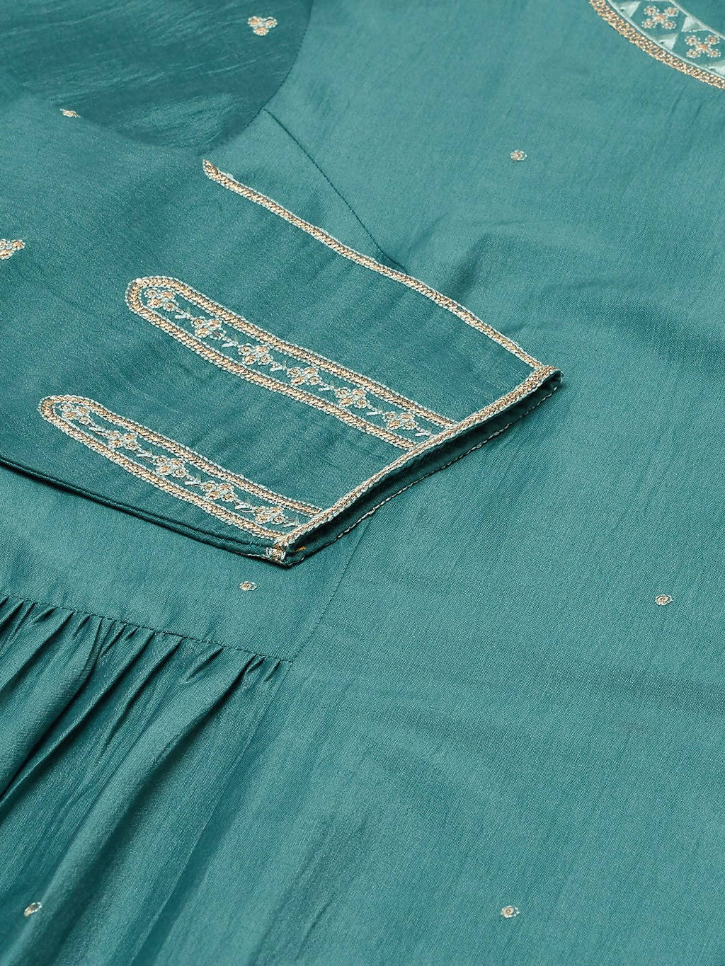Myshka Dark Green Embroidered 3/4 Sleeve Round Neck Kurta Pant Dupatta Set | Grocsy