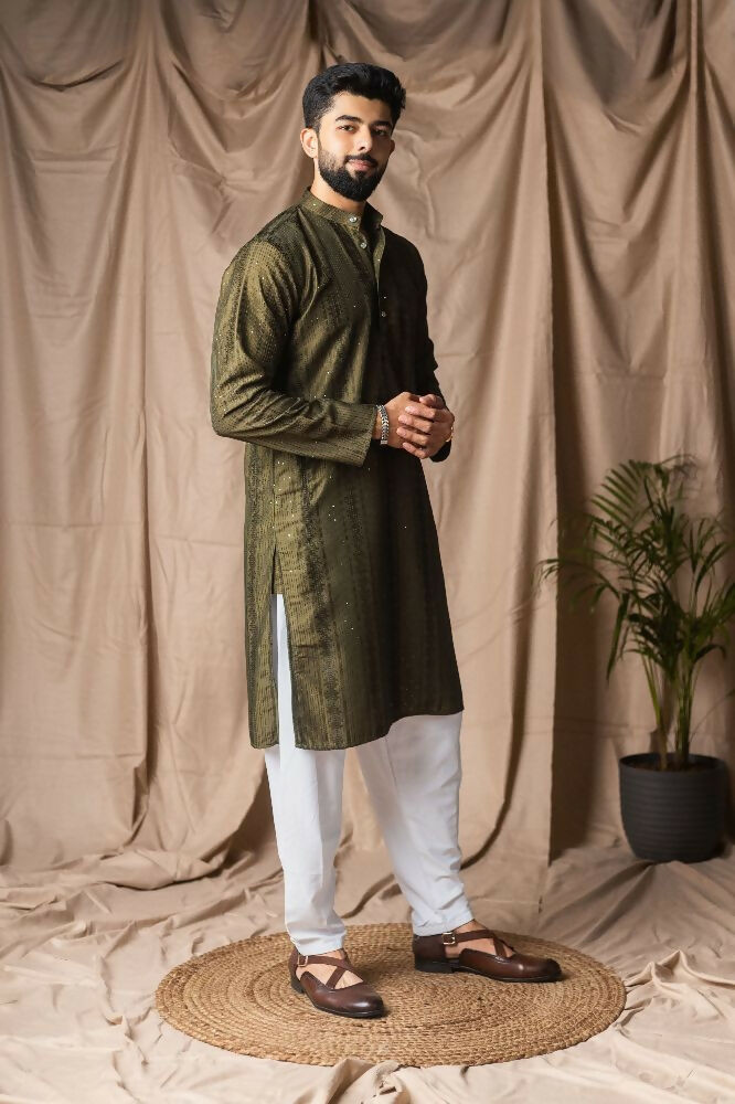 Mehandi Green Rayon Thread Embroidery Work Kurta Set - Mahotsav | Grocsy