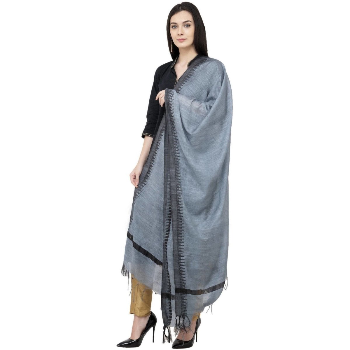 A R Silk Black Temple border Regular Dupatta Color Gray Dupatta or Chunni | Grocsy