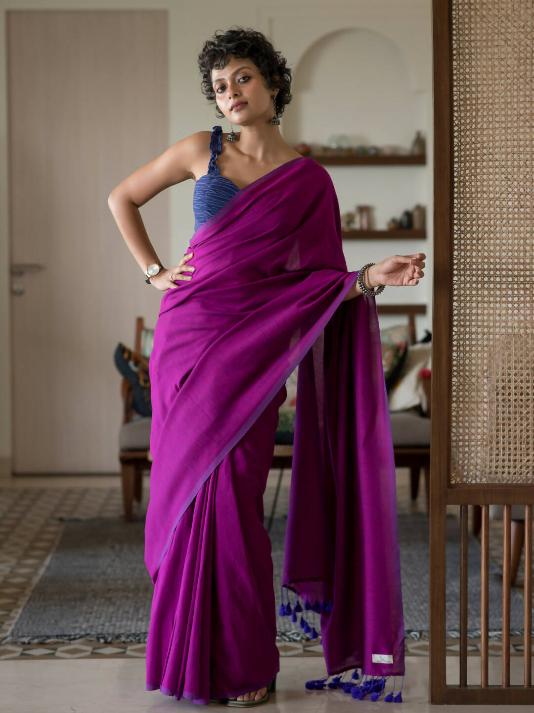 Suta Magenta Solid Cotton Blend Saree | Grocsy