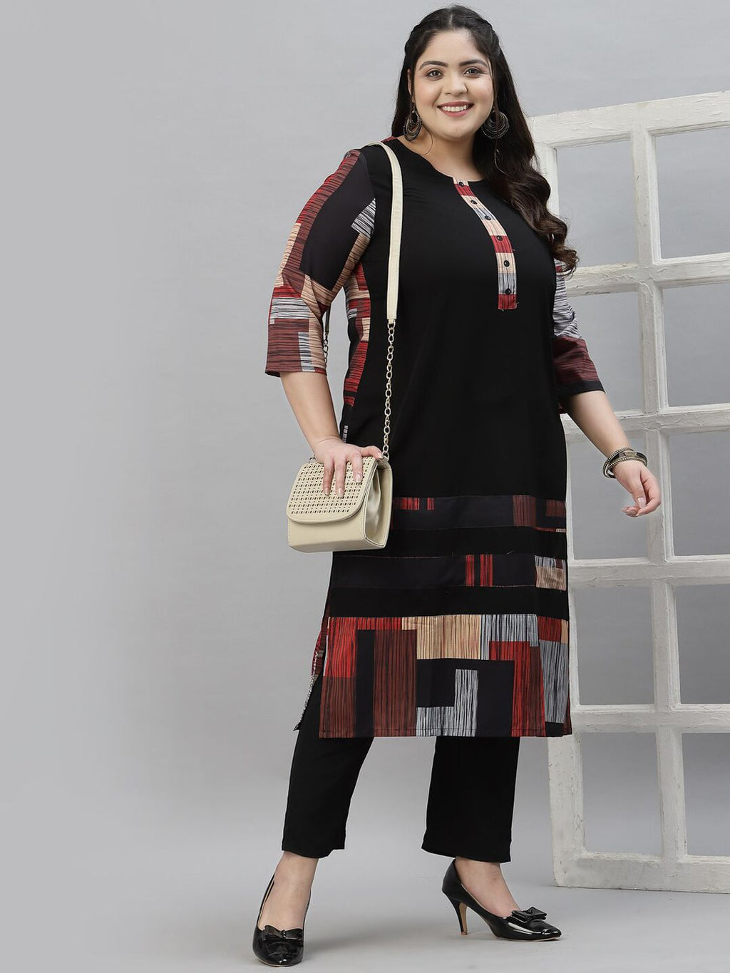 Sztori Black & Red Ethnic Motifs Printed Crepe A-Line Kurta | Grocsy