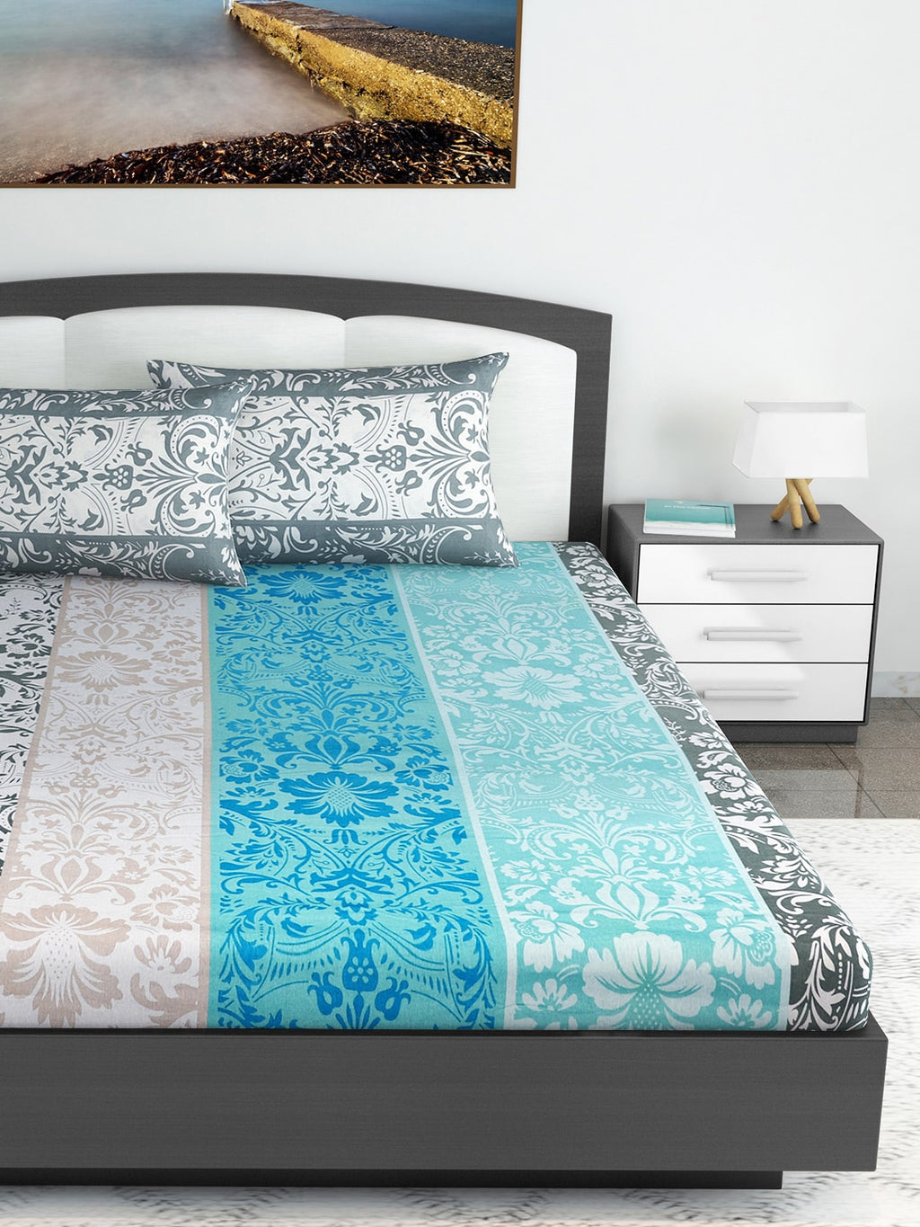 Divine Casa Blue & Grey Ethnic Motifs 120 TC Bedsheet with Pillow Covers | Grocsy