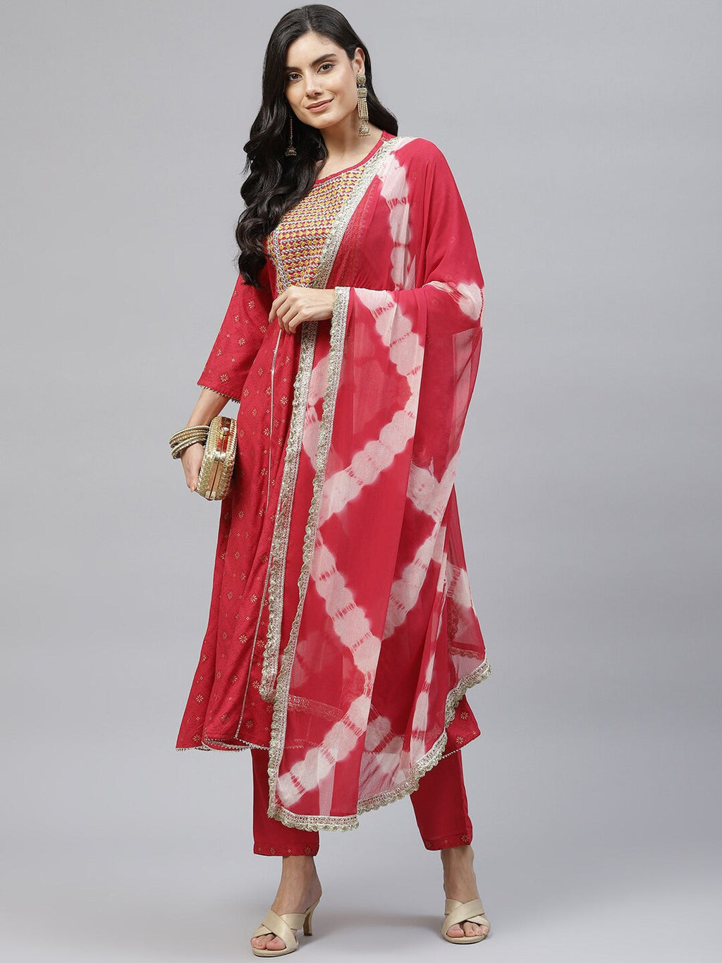 HERE&NOW Women Red Floral Printed Panelled Thread Work Kurta with Trouser & Dupatta | Grocsy