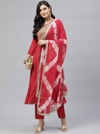 HERE&NOW Women Red Floral Printed Panelled Thread Work Kurta with Trouser & Dupatta | Grocsy