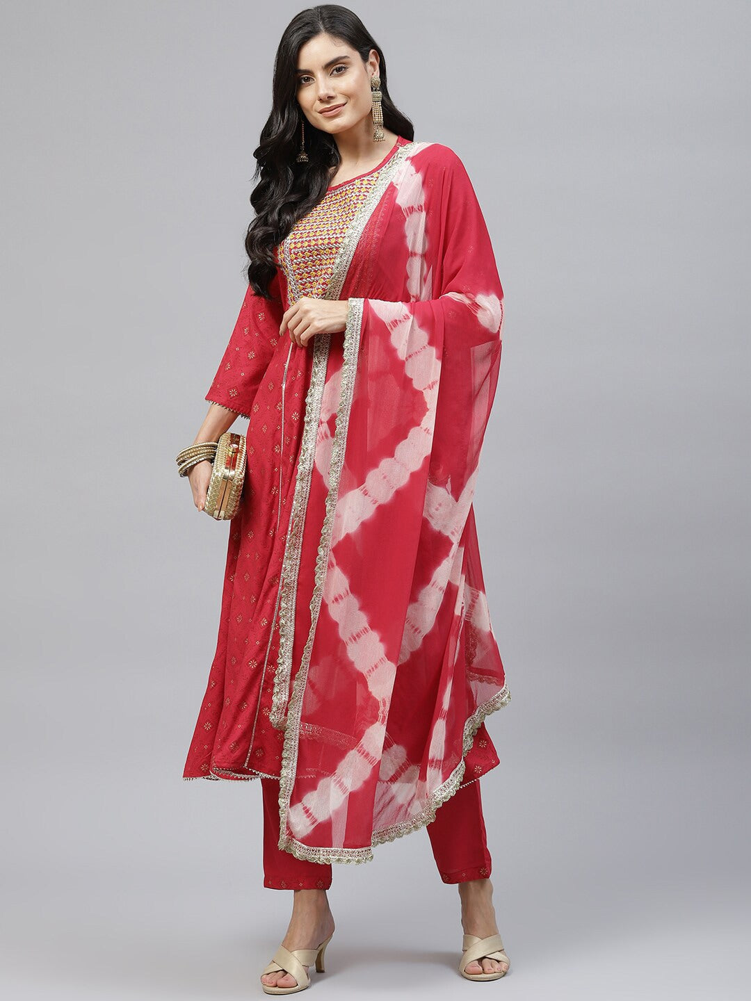 HERE&NOW Women Red Floral Printed Panelled Thread Work Kurta with Trouser & Dupatta | Grocsy
