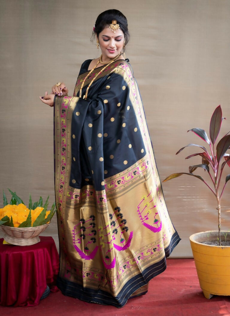 Jyoti Fashion Women's Black Paithani Silk Zari Woven Saree with Blouse | Grocsy