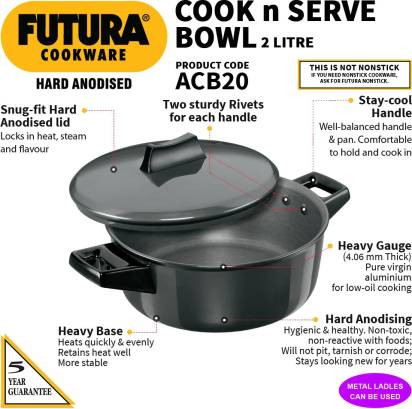 Hawkins Futura Hard Anodised Cook-n-Serve Bowl Handi 2 L with Lid (ACB20) | Grocsy
