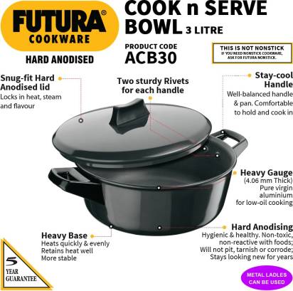 Hawkins Futura Hard Anodised Cook n Serve Bowl Handi 3 L with Lid (ACB30) | Grocsy