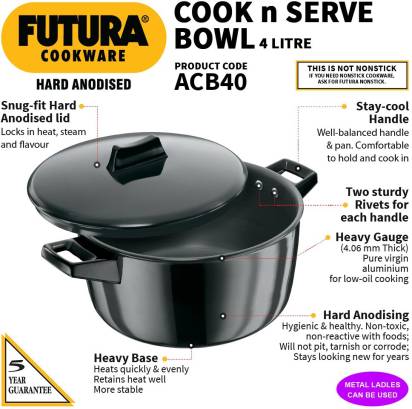 Hawkins Futura Hard Anodized Cook-n-Serve Bowl 23 cm Diameter 4 L with Lid (ACB40) | Grocsy