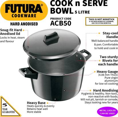 Hawkins Futura Hard Anodized Cook-n-Serve Bowl 5 L with Lid (ACB50) | Grocsy