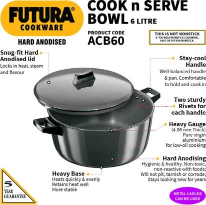 Hawkins Futura Hard Anodised Cook-n-Serve Bowl 6 L Capacity (ACB60) | Grocsy