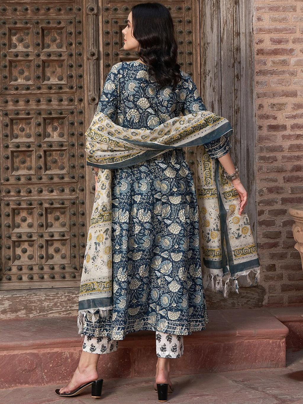 Sangria Navy Blue Floral Printed Pure Cotton Anarkali Kurta With Trouser & Dupatta | Grocsy