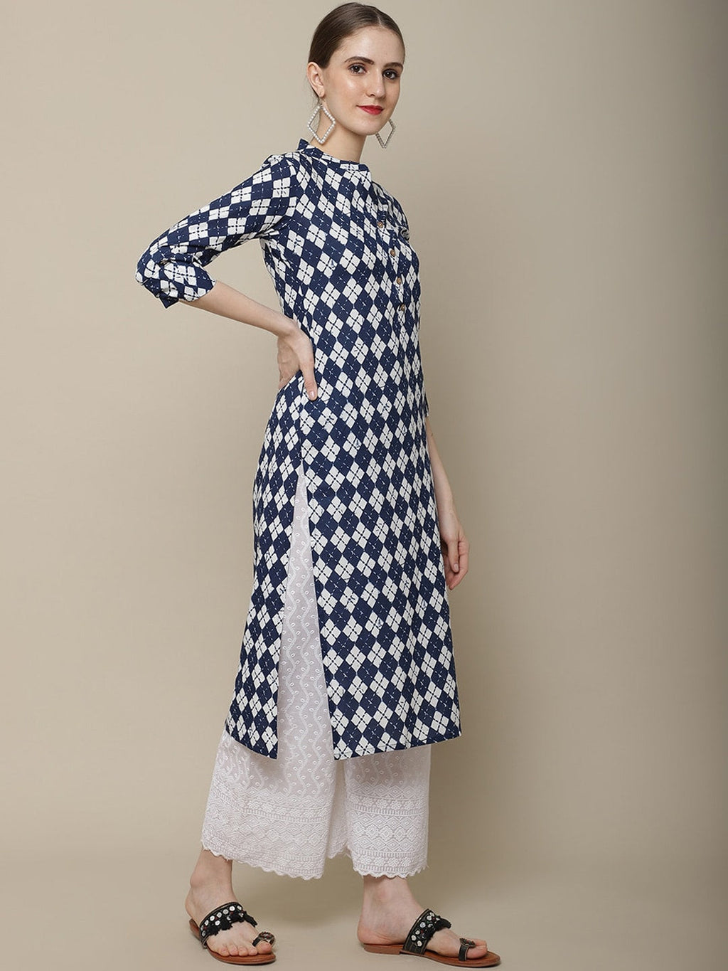 Sangria Women Navy Blue & White Geometric Printed Kurta | Grocsy