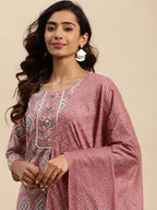 Sangria Ethnic Motif-Printed Sequinned Pure-Cotton Straight Kurta With Trouser & Dupatta | Grocsy