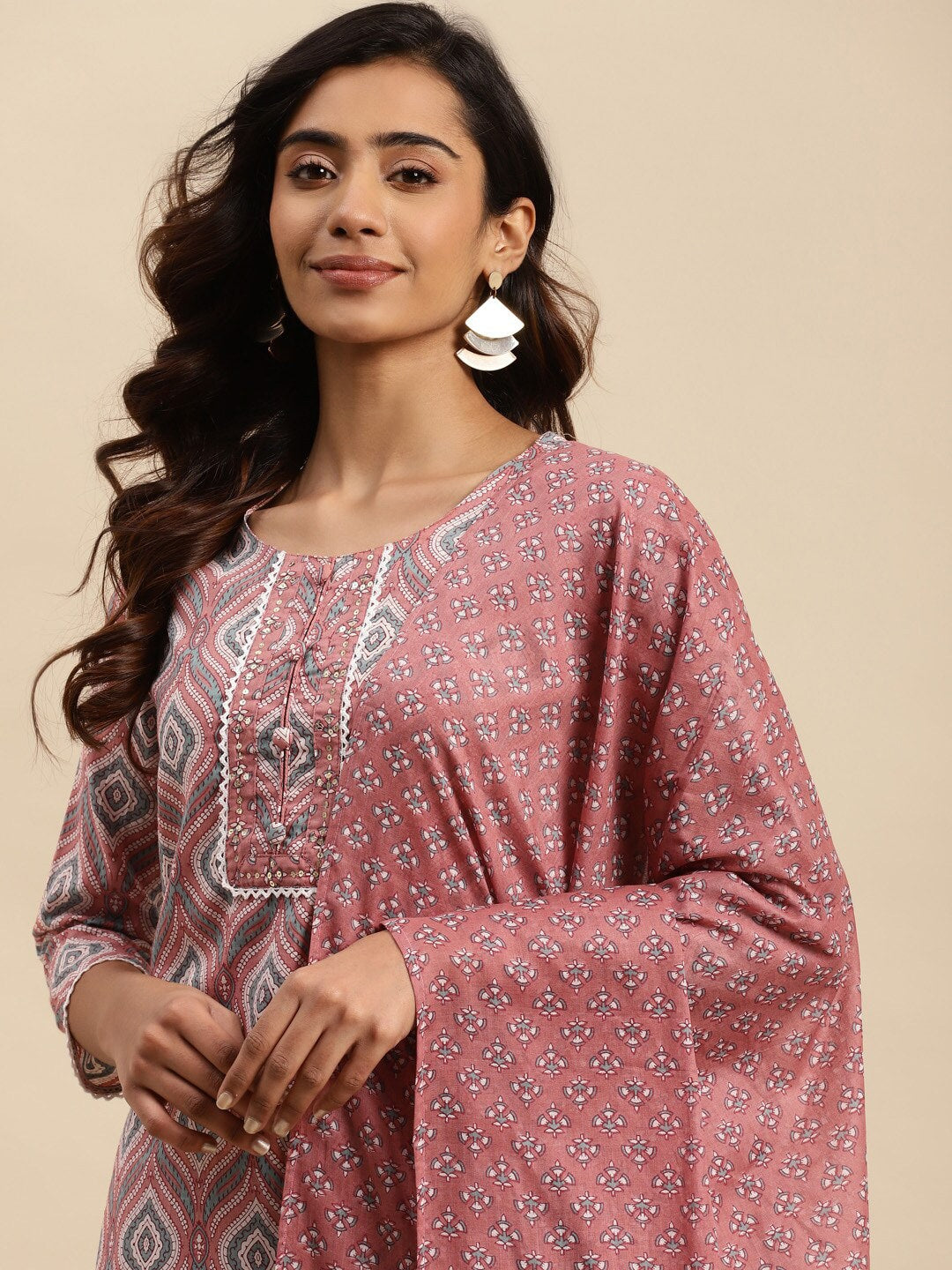 Sangria Ethnic Motif-Printed Sequinned Pure-Cotton Straight Kurta With Trouser & Dupatta | Grocsy