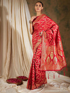 Sangria Red Floral Woven Design Zari Kanjeevaram Saree | Grocsy