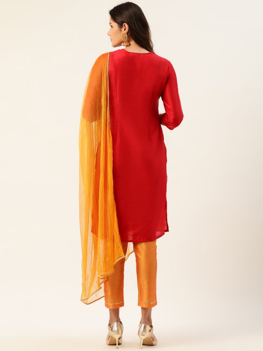 All About You Women Red & Orange Embroidered Yoke Design Kurta set with Dupatta | Grocsy