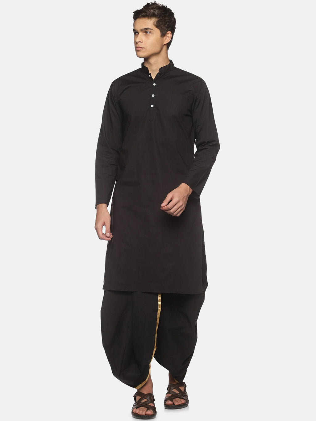Sethukrishna Men Black Pure Cotton Kurta with Dhoti Pants | Grocsy
