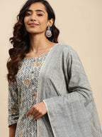 Sangria Floral Printed Mirror Work Pure Cotton Kurta With Trouser & Dupatta | Grocsy
