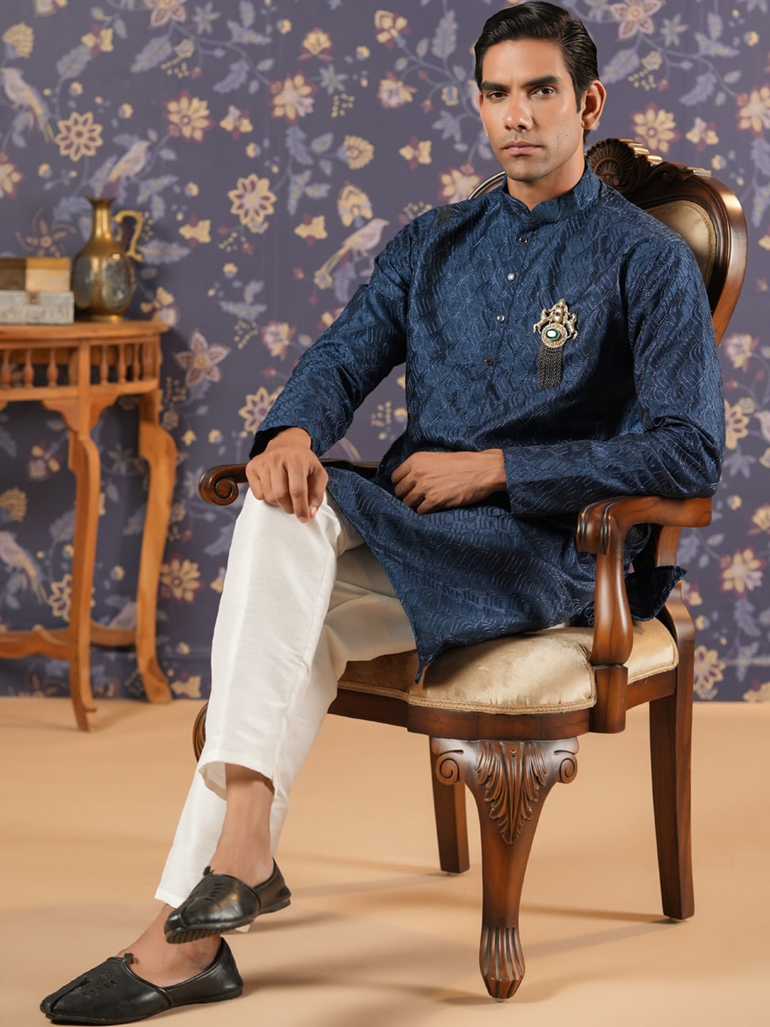House of Pataudi Ethnic Motifs Embroidered Mandarin Collar Straight Kurta With Trouser | Grocsy