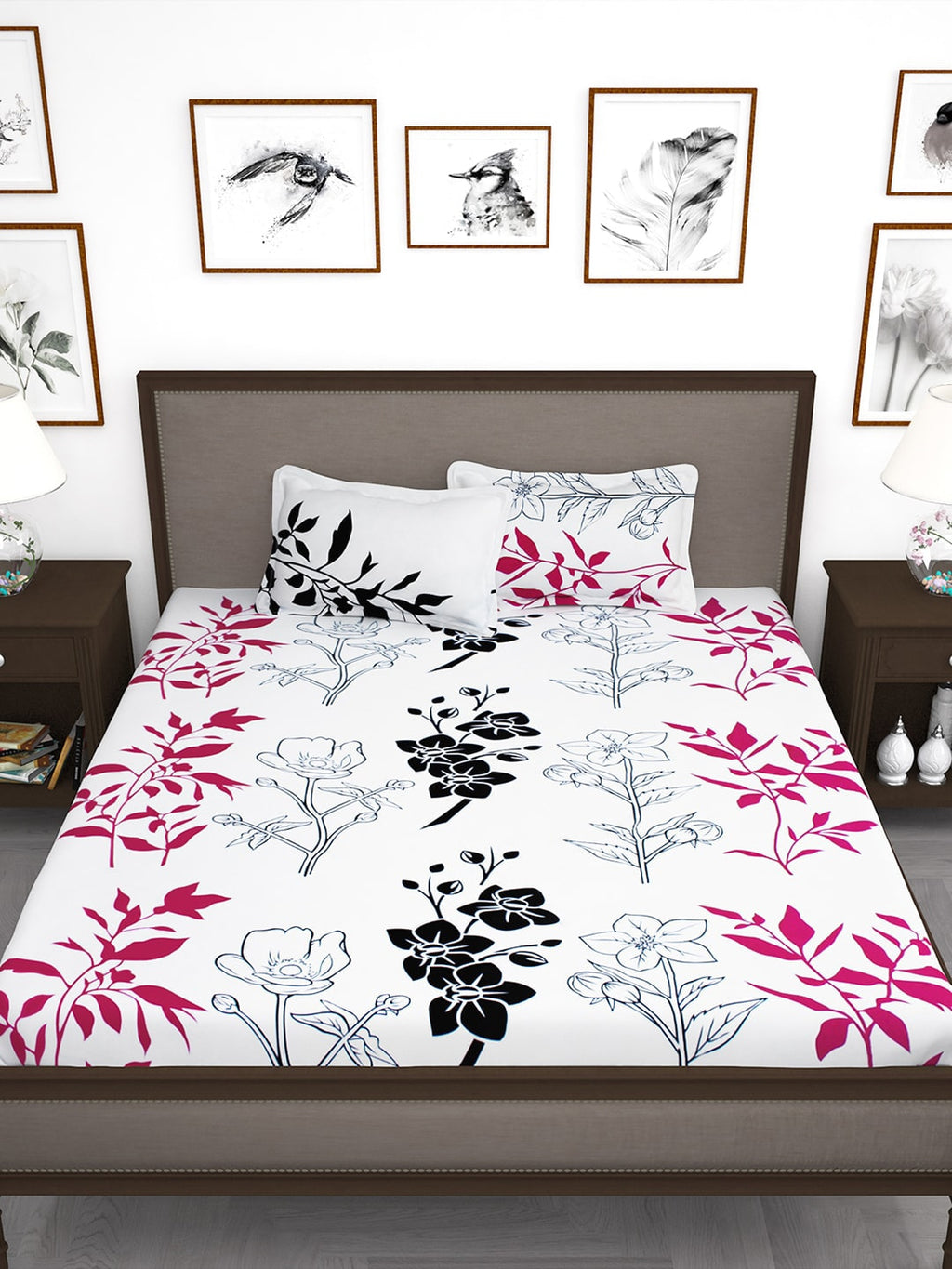 Story@home White & Pink Floral King Bedsheet with 2 Pillow Covers | Grocsy