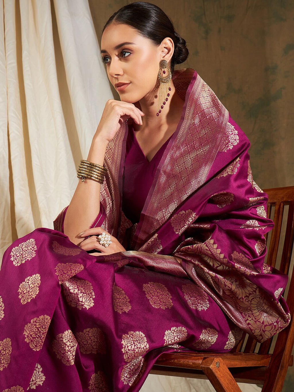 Sangria Burgundy & Gold-Toned Ethnic Motifs Woven Design Zari Silk Blend Banarasi Saree | Grocsy