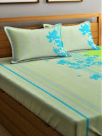 Home Sizzler Green & Blue Floral Cotton 210 TC Queen Bedsheet with 2 Pillow Covers | Grocsy