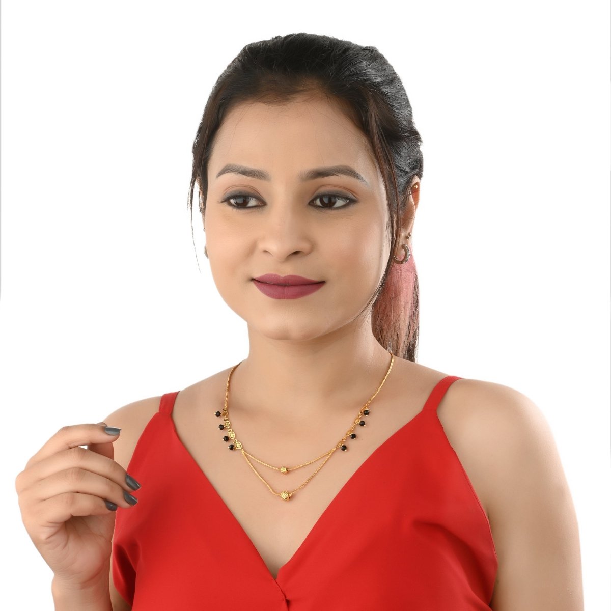 AanyaCentric Gold-Polished Jewelry Combo: Elegant Short Mangalsutra, Finger Ring, and American Diamond Earrings Set