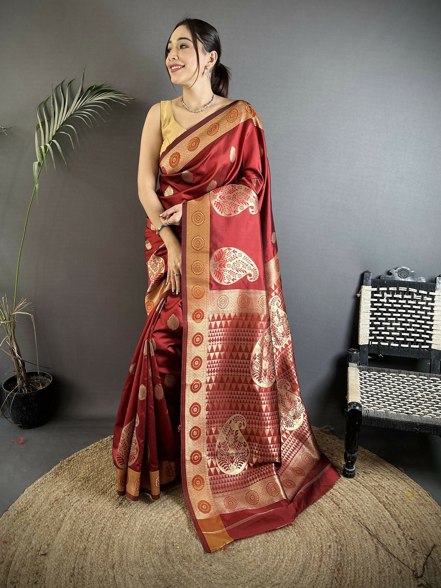 Joban Fashion Maroon Paisley Soft Silk Banarasi Saree | Grocsy