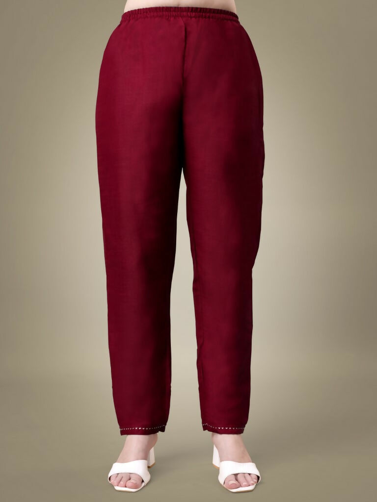 Jyoti Fashion Women's Maroon Cotton Blend Embroidery & Sequence work Kurta with Trouser & Dupatta | Grocsy