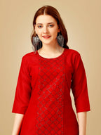Jyoti Fashion Women's Red Cotton Blend Embroidered Kurta Pant Set | Grocsy