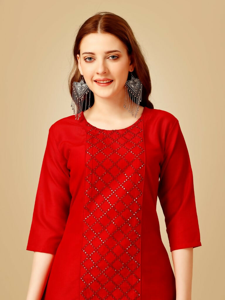Jyoti Fashion Women's Red Cotton Blend Embroidered Kurta Pant Set | Grocsy