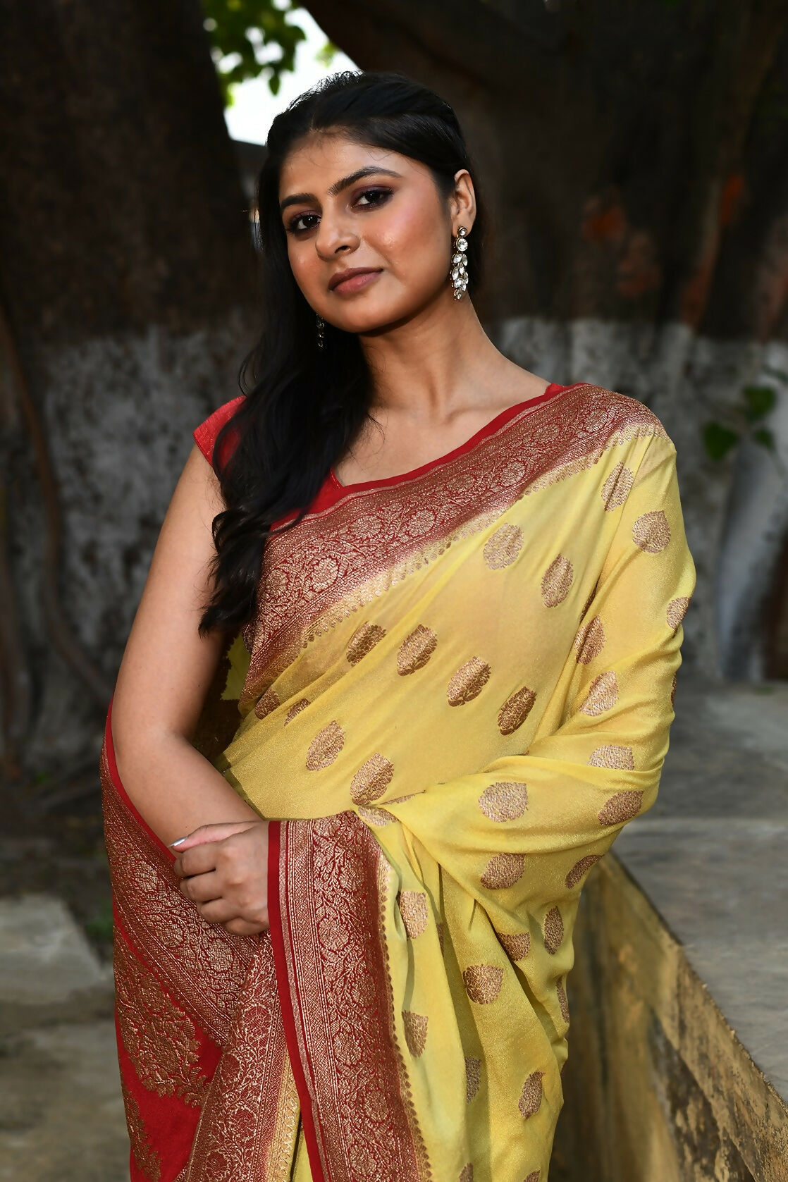 Joban Fashion Pale Yellow Crepe Chiffon Pure Handloom Banarasi Silk Saree | Grocsy