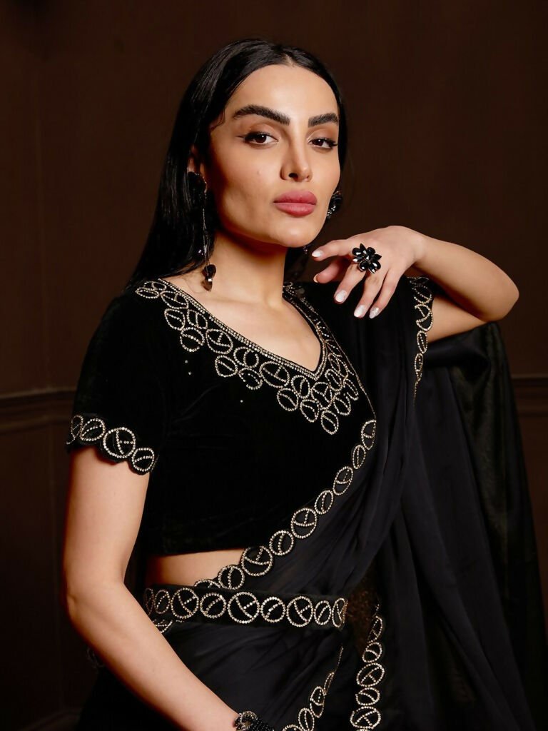 Aafreen Partywear Designer Black Satin Chiffon Fancy Saree | Grocsy