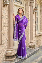 Vastranavya Purple-Blue Embroidery Work Shimmer Chiffon Saree with Unstitched Blouse | Grocsy