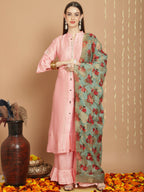Jyoti Fashion Women's Peach Chanderi Silk Elegant Jardoshi Kurta with Trouser & Dupatta | Grocsy